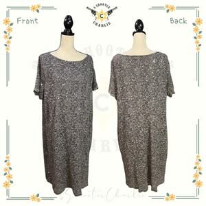 Tiana B. Floral Sequin Lace Dress Womens Plus Size 24W Pewter/Gray Lined Stretch